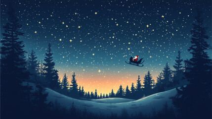 Naklejka premium Santa's Night Flight: A magical Christmas Eve scene, Santa Claus soars through a starlit sky in his sleigh, silhouetted against a breathtaking winter landscape. A perfect image for holiday cards.