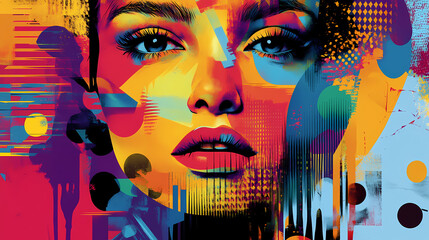 A collage of a female face in abstract pop art style merges vivid hues and striking shapes into a captivating composition. Vibrant Pop Art. Illustration