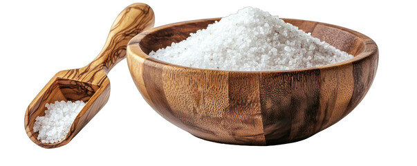 Bowl of sea salt with wooden scoop, isolated against a pure white background.