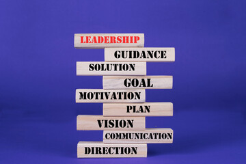 Set of behaviors and ability of a leadership person as text on stack of wooden pieces
