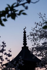 Silhouette of a Traditional Pagoda Against a Colorful Sunset Surrounded by Cherry Blossom Trees in Springtime Elegance