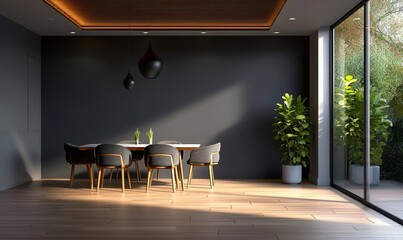 Modern interior design of apartment, dining room with table and chairs, empty living room with dark wall, panorama. 3d rendering, Generative AI