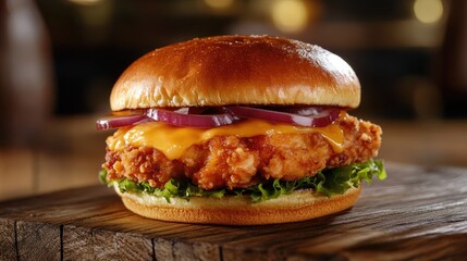Homemade crispy chicken burger topped with melted cheese, fresh lettuce, and red onions, resting on a rustic wooden surface.