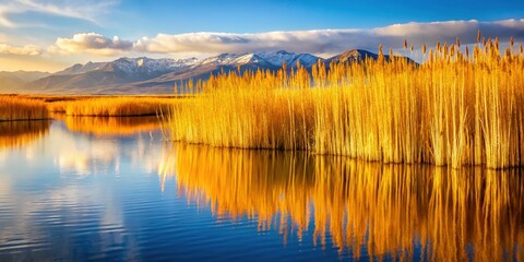 Utah Lake shimmers with golden reflection, captured in miniature by tilt-shift.