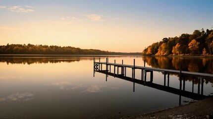 Obraz premium Wooden pier on the lake at sunset. Beautiful autumn landscape.