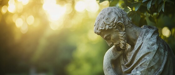 Naklejka premium Thoughtful Statue in Serene Garden Setting: Nature-Inspired Sculpture Bathed in Beautiful Golden Light