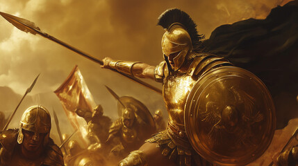 A dramatic depiction of Achilles in golden armor, wielding a spear and shield, charging into battle against Trojan warriors