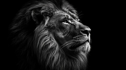 Majestic lion portrait showcasing strength and divinity against a stark black background, representing the essence of a powerful king.