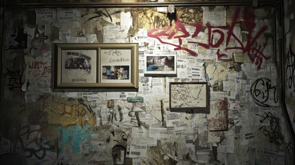 Obraz premium An urban wall filled with graffiti and layered newspaper clippings, creating a vibrant, chaotic atmosphere.