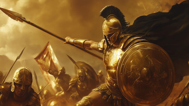 A dramatic depiction of Achilles in golden armor, wielding a spear and shield, charging into battle against Trojan warriors