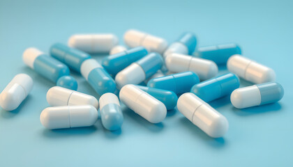 Blue and white capsule pills on gradient background. Global healthcare concept. Antibiotics drug resistance. Antimicrobial capsule pills. Pharmaceutical industry. Pharmacy products. Drug market isol
