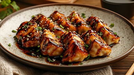 A plate of delicious dumplings drizzled with sauce and garnished with sesame and chives.