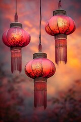 Tranquil Sunset with Vibrant Red Lanterns Hanging Against a Colorful Sky - Ideal for Asian Festivals and Cultural Celebrations