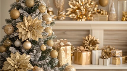 Elegant gold-themed Christmas decorations featuring a snowy tree adorned with flowers and baubles, complemented by beautifully wrapped gifts.