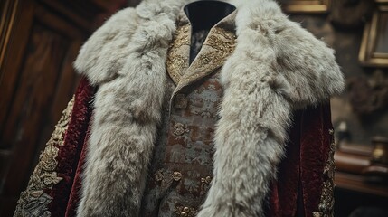 An ornate historical garment featuring luxurious fabrics and a fur collar.