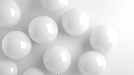 A collection of glossy white balloons scattered on a bright, minimalist background, providing ample space for text or decorative elements.