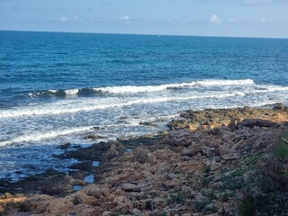 Szene am Meer mit markanten Steine im Vordergrund, die von sanften Wellen umspült werden. Am Rand wachsen vereinzelt grüne Pflanzen, während der Horizont unter einem klaren Himmel in der Ferne verläuf