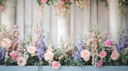 Charming floral arrangement with pastel roses and delphiniums, set against a soft backdrop that evokes a rustic and elegant ambiance.