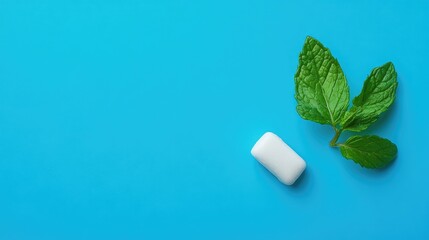 Mint-flavored chewing gum beside a vibrant fresh mint leaf on a bright blue background, evoking a refreshing and cool aesthetic.