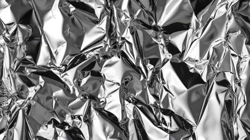 Poster textured silver foil background with intricate crumples and reflections, creating a shiny and dynami