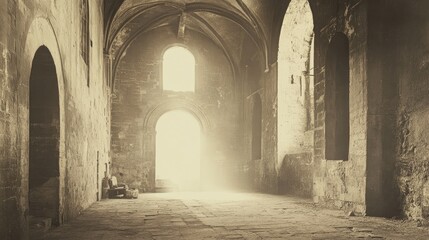 Obraz premium Ancient castle interior with arched ceilings and light streaming through grand windows in a vintage style photograph.