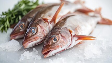 Freshly caught amberjack fish arranged on crushed ice, showcasing their vibrant colors and glistening scales with herbs in the background.