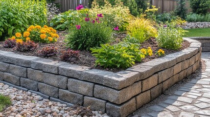 Constructed block garden border retaining wall with vibrant flowers and lush greenery in a DIY home enhancement project showcasing outdoor beauty.