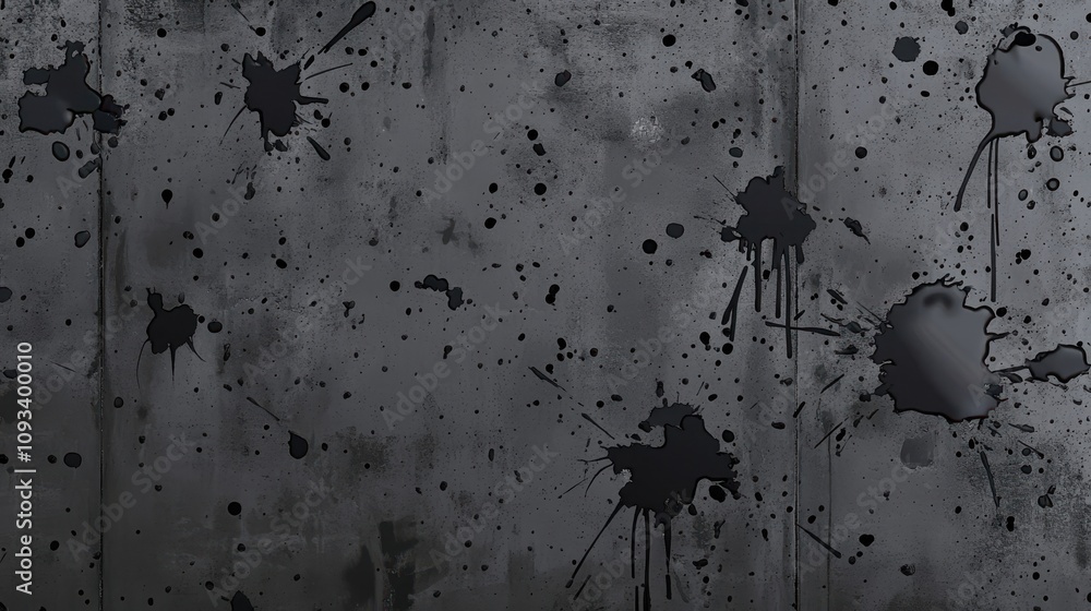 Poster An abstract black paint splatter on a gritty gray background, creating a dynamic and textured visual experience.