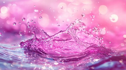 Viva Magenta water splash creating vibrant ripples and bubbles, with soft textures and glimmering highlights on a serene surface backdrop.