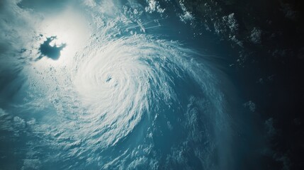 Satellite view of a hurricane swirling over the ocean, highlighting the eye of the storm surrounded by dynamic cloud formations and sunlight.