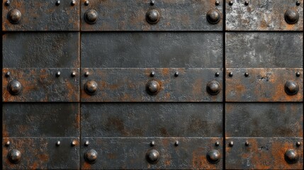 Fototapeta premium Weathered dark metal surface with an intricate grunge texture, showcasing rusted details and riveted panels for an antique industrial look