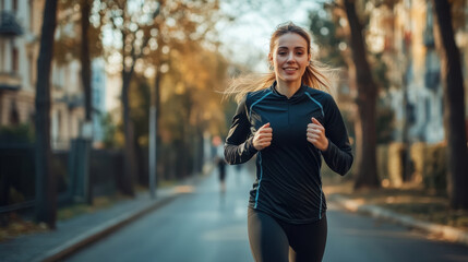 Fototapeta premium Morning jogger races down a quiet city street as the dawn light filters through trees