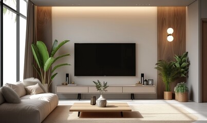 Smart TV on the cream color wall in living room,minimal design, Generative AI