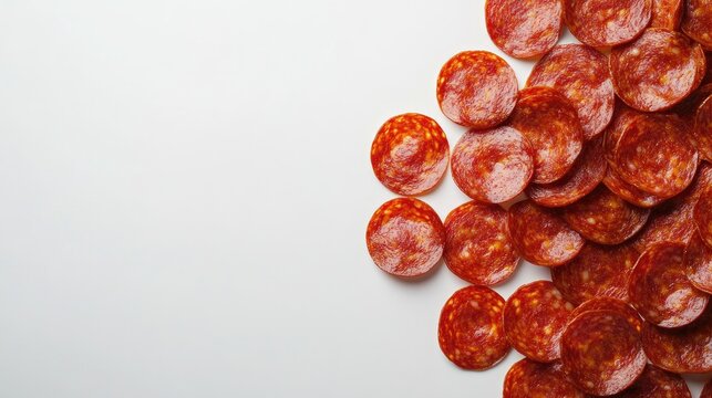 Fresh pepperoni sausage slices arranged in a scattered pile on a clean white background showcasing their rich red color and marbled texture.
