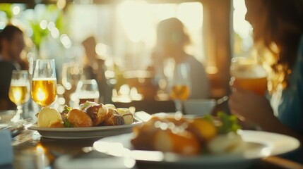 Friends enjoying a weekend brunch buffet with a variety of delicious dishes at a sunlit dining setting with a blurred background ambiance.
