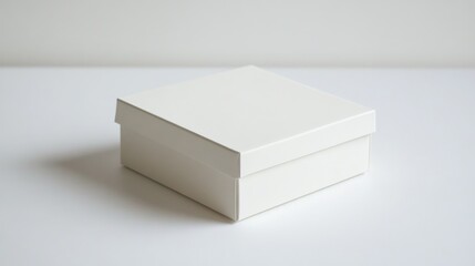 Minimalist square white box with a lid, situated on a clean white surface, highlighting its simplicity and versatility for packaging or storage.