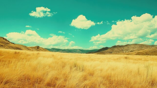 Golden grass field under a vibrant turquoise sky, with fluffy clouds hovering over rolling mountainous terrain in a nostalgic retro style.