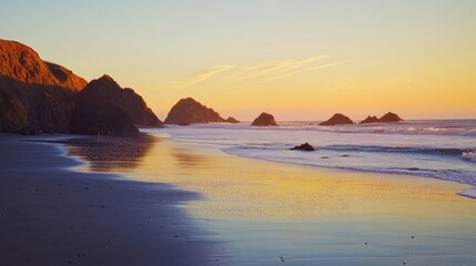 Obraz premium Serene beach at sunset with golden waves reflecting a peaceful sky, creating a tranquil atmosphere suitable for text overlay.