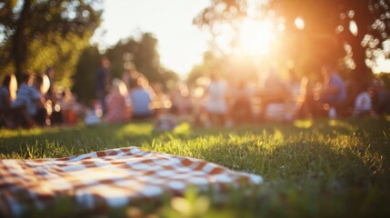 Families gathered for a picnic in a sunlit park, enjoying fellowship and a church conference vibe with a soft-focused background and ample copy space.