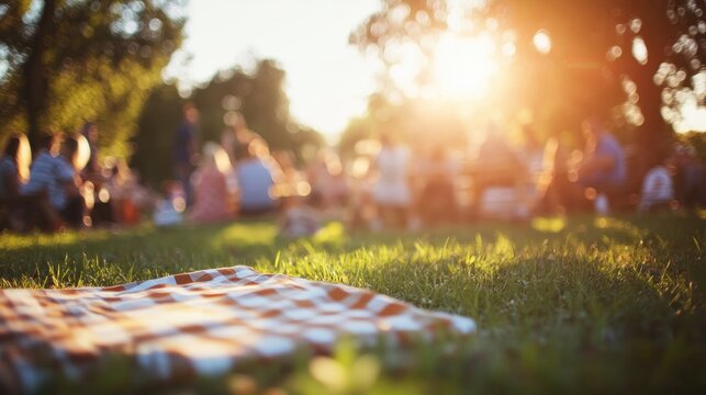 Families gathered for a picnic in a sunlit park, enjoying fellowship and a church conference vibe with a soft-focused background and ample copy space.