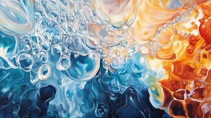 Vibrant abstract water surface with dynamic bubbles and fluid patterns blending shades of blue, orange, and white, creating a mesmerizing reflection effect.