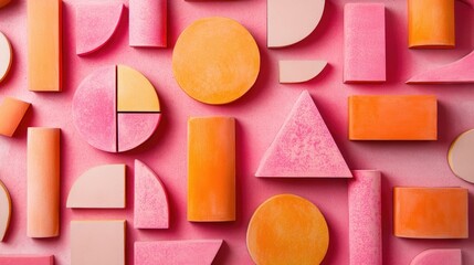 Colorful geometric shapes in pink and orange arranged artistically, ideal for wall decor and modern interior design inspiration.