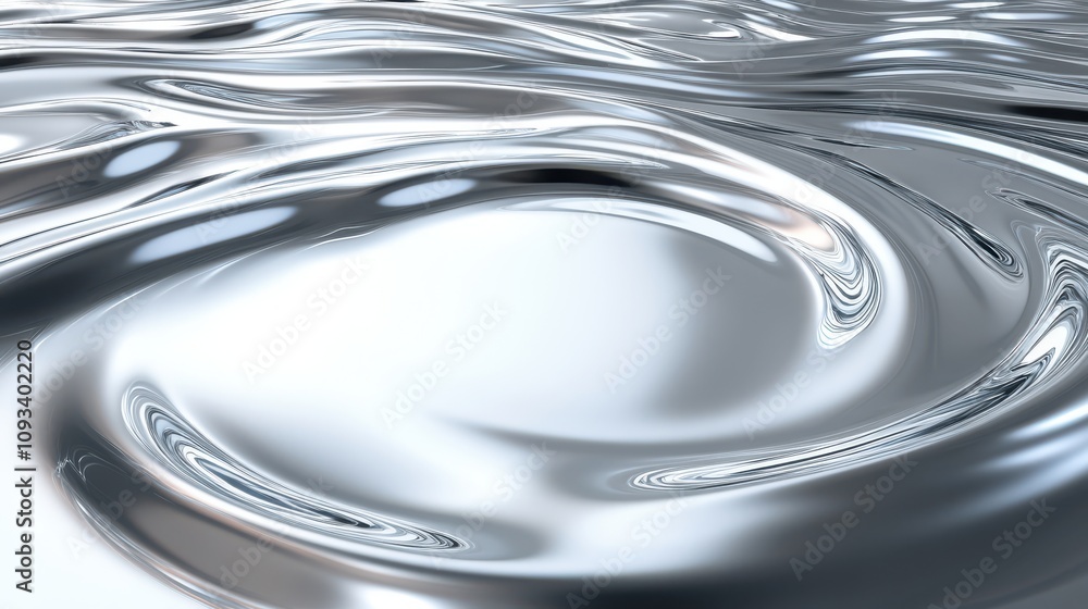 Poster abstract close-up of smooth, shimmering metallic liquid creating fluid, wave-like patterns.