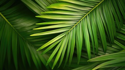 Lush green palm leaves creating an abstract tropical texture, ideal for summer-themed backgrounds and nature-inspired designs.