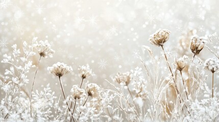 Naklejka premium Serene winter landscape with dried flowers, delicate snowflakes, and frosted grass, highlighting the tranquil beauty of the holiday season.