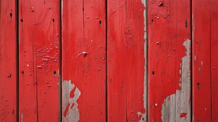 Vibrant red paint splatter on distressed wooden planks, showcasing a mix of smooth and textured surfaces with peeling and worn sections.