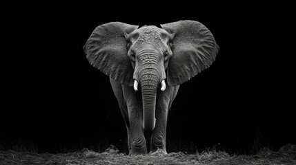 Majestic African elephant standing proudly with ears outstretched, captured in striking black and white against a dark background. © VRVisionary