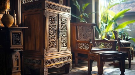 Antique teak cabinet with intricate carvings, showcasing a loose furniture design, ideal for home interior decor inspiration amidst lush greenery.