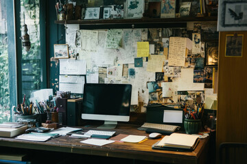 Contemplative Workspace Amidst Creative Chaos - A serene workspace filled with inspiration, creativity, organization, and artistic expression.  Reflects productivity, focus, and personal style.