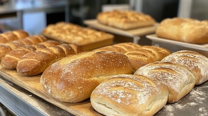 Artisan bread varieties displayed on wooden trays, showcasing golden brown crusts and different shapes, highlighting fresh-baked loaves.